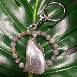 flashy BLUE LABRADORITE chunky artisan made wire wrap bracelet & keychain set